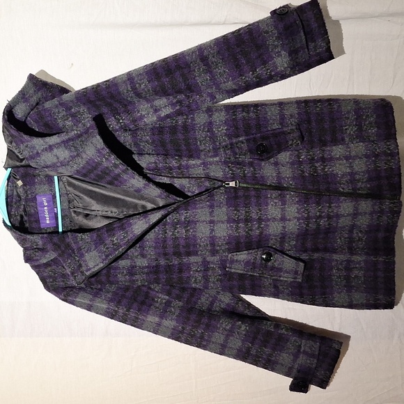 Plaid Pea Coat, Purple Grey With Hood, Madden Girl, Sz 12, NWOT - Picture 7 of 16